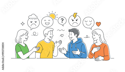 Mental health awareness and emotional expression concept illustrating individuals communicating feelings through simplified abstract visuals, using a set of expressive faces and