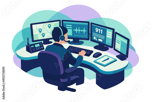 Emergency Dispatcher Working at Multiple Computer Monitors.