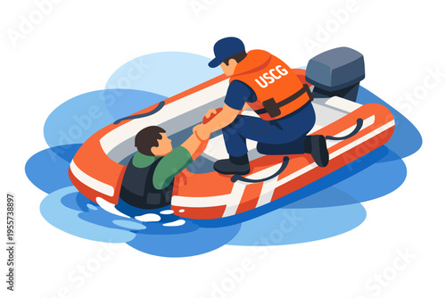 Coast Guard rescuer helps person from water into boat.