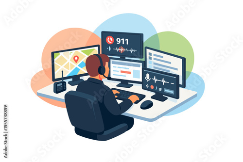 Emergency dispatcher working at multiple computer screens showing maps and data.