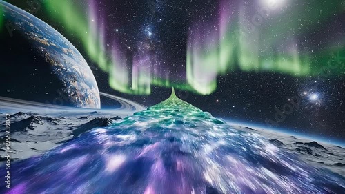 Vibrant Aurora Borealis Over Futuristic Cityscape on Alien Planet With Earth In Background