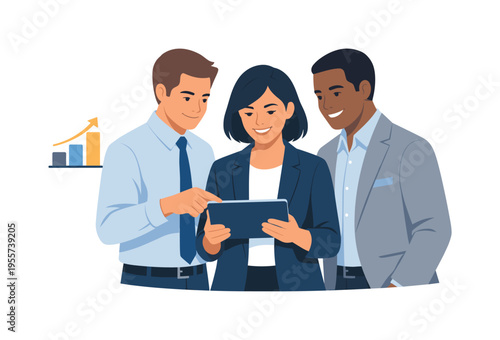 A corporate teamwork concept illustrating professionals cooperating to achieve shared goals in a modern workplace environment, symbolized by three business people standing together