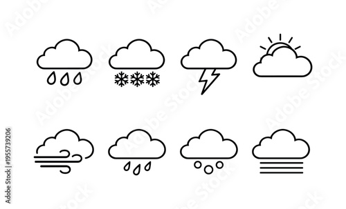 Weather cloud conditions: cloud with rain drops, cloud with snowflakes, cloud with lightning bolt, cloud with sun behind, cloud with wind lines, cloud with drizzle drops, cloud