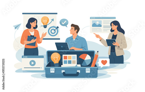 A branding strategy scene where a company uses illustration sets to enhance storytelling and engage audiences across digital platforms, highlighting creativity aligned with