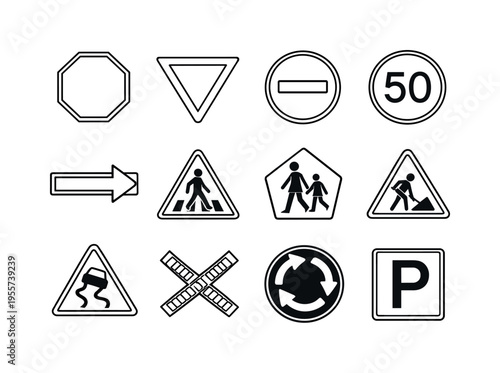 Road signs set: stop sign octagon, yield sign triangle, no entry sign, speed limit sign circle, one way arrow sign, pedestrian crossing sign, school crossing sign, road work sign