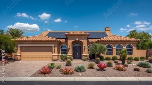 Modern single-story Mediterranean-style luxury home with tile roof and desert landscaping under clear blue sky