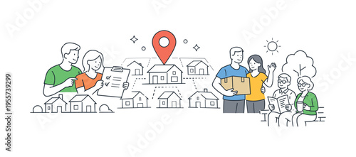 A real estate and home ownership concept illustrating people choosing and settling into suburban properties in a structured environment, using minimal house icons and a single