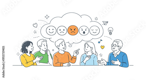 Emotional intelligence and self reflection concept where people explore different moods and reactions during a collaborative wellbeing activity, expressive facial mood icons and a