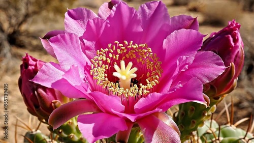 Vibrant Pink Cactus Flower Blooming in Arid Desert Landscape Under Bright Sunlight