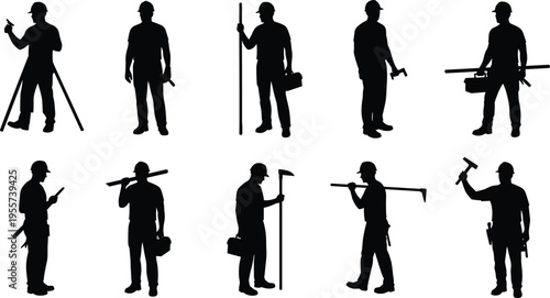 Construction workers silhouette, industrial labor, tools and equipment, teamwork, job site, engineering, manual work, tradesmen, infrastructure, occupational safety, building crew