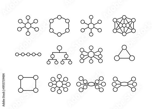Network diagrams set: central node with connected nodes, ring network diagram, star network diagram, mesh network diagram, linear chain network, hierarchical tree network, hub and