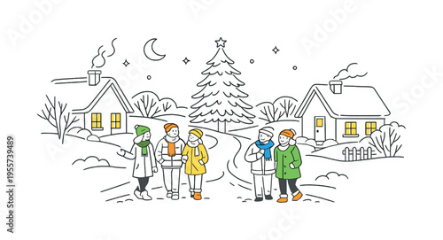 Peaceful winter village evening scene where a small group of neighbors walks along a snowy path between a few cozy houses with warm glowing windows and a single tall pine tree