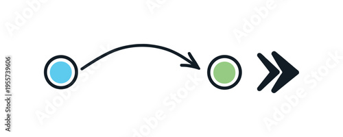 Navigation and directional movement in digital interfaces and workflow processes, a simple curved arrow path connecting two points beside a forward arrow symbolizing smooth