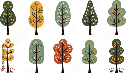 Collection of colorful illustrated trees with varying leaf shapes and autumn hues