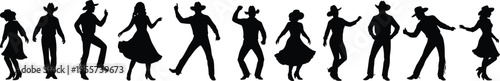Country dance silhouettes, western line dancing, cowboy hats and boots, traditional folk performance, cultural celebration, group choreography