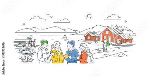Scandinavian coastal village lifestyle scene where a small group of people stands beside a cluster of traditional red wooden houses near calm water and a simple dock, symbolizing