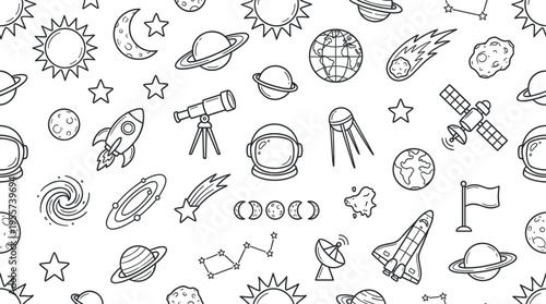 Astronomy and space exploration theme with curious science mood, doodle objects including sun, crescent moon, stars, planets, earth globe, saturn rings, comet, asteroid, telescope,