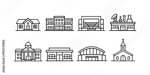 Educational institutions architecture: elementary school building, high school building, college lecture hall building, science laboratory building, campus administration building