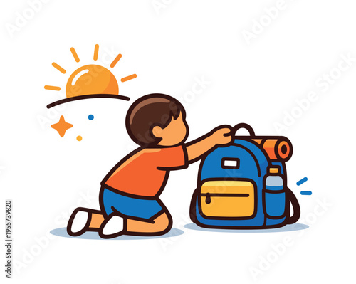 Morning preparation habits and independence building in childhood everyday situations centered on readiness and growing confidence, a flat abstract child character reaching toward