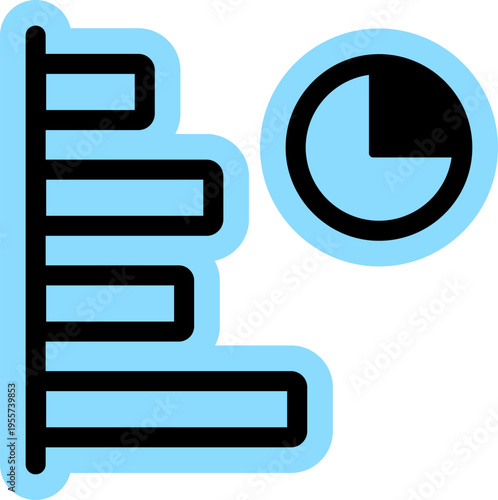 Blue horizontal bar chart and pie diagram analytics icon