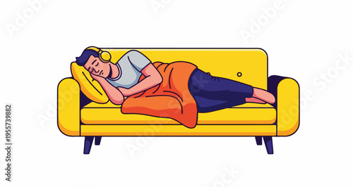 Man Sleeping on Yellow Sofa with Headphones and Blanket Illustration