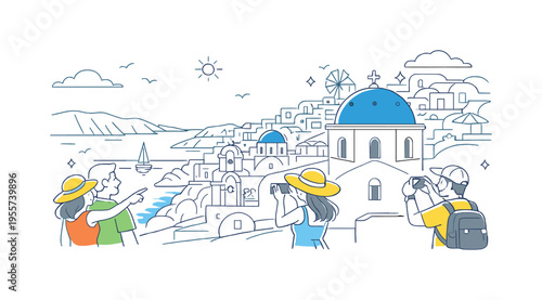Greece Santorini coastal travel scene where visitors admire a white hillside village overlooking the deep blue sea while enjoying the iconic Mediterranean view, whitewashed houses