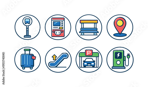 Transport navigation circles: bus stop pole in circle, ticket machine in circle, platform bench in circle, route map pin in circle, luggage suitcase in circle, escalator up in