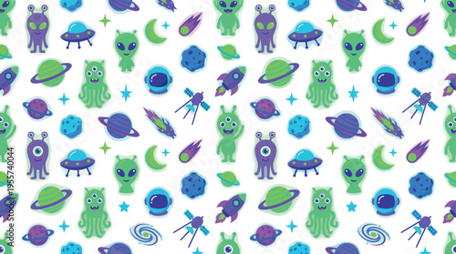 Alien space creatures seamless pattern for playful sci fi and cosmic themes featuring alien character, big eyes alien, three eyed creature, tentacle alien, small UFO, planet,
