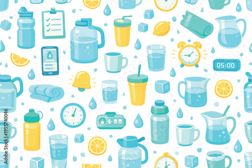 Daily hydration routine seamless pattern for fitness and productivity concepts featuring water bottle, large jug, glass, straw cup, timer, clock, checklist, smartphone app,
