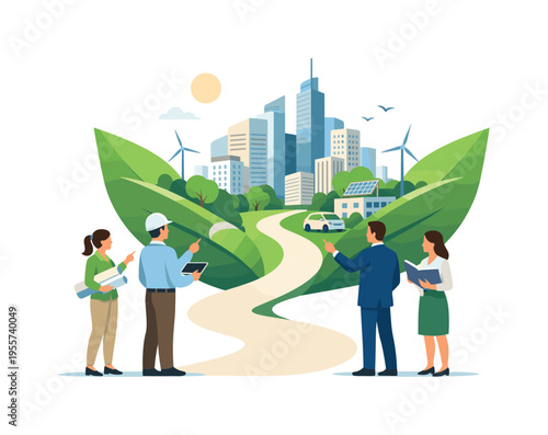 A sustainable urban planning scene where professionals envision environmentally responsible development and improved quality of life within a modern metropolitan environment
