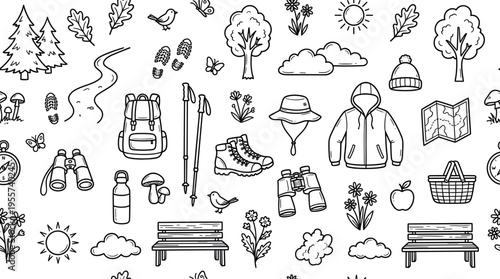 Family nature walk in forest theme with peaceful lifestyle vibe, doodle objects including trees, pine trees, leaves, trail path, footprints, backpack, walking sticks, boots, hats,