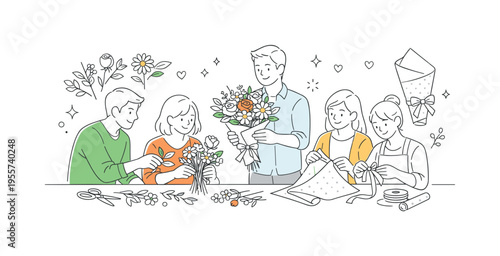 A group working with floral bouquet sets as part of a creative design workflow, arranging elements into visually pleasing compositions for modern applications, visualized through a