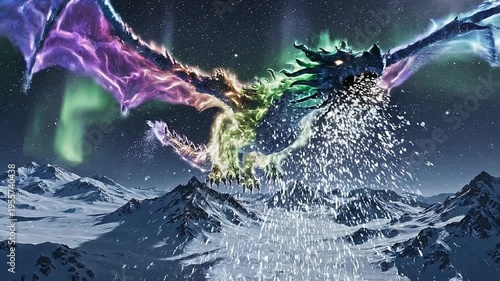 Mythical Dragon Soaring Above Snowy Mountains Under Northern Lights
