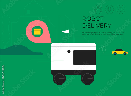 Autonomous robot delivering a parcel in the city street, banner with copy space.