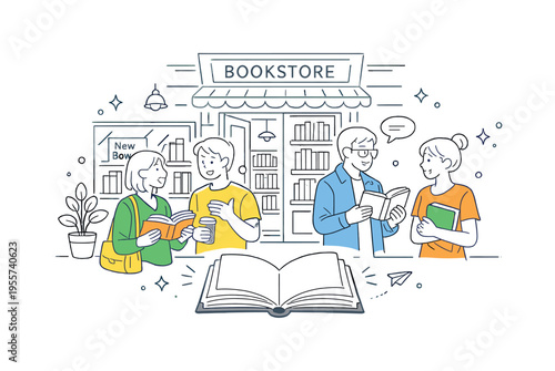 Urban cultural lifestyle moment where people gather outside a charming bookshop storefront while discussing literature and browsing titles displayed in the window, a small