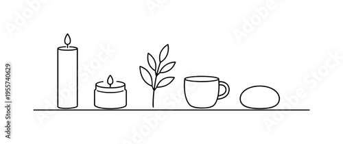 Peaceful home ambiance and intentional slow living habits that encourage relaxation and stress reduction in a balanced lifestyle, a tall candle, a small jar candle, a simple leaf