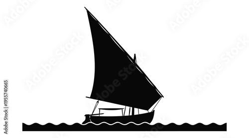 Stylized black silhouette illustration of a classic traditional sailing boat with a large sail, gently gliding across calm waters, embodying the spirit of maritime adventure and history