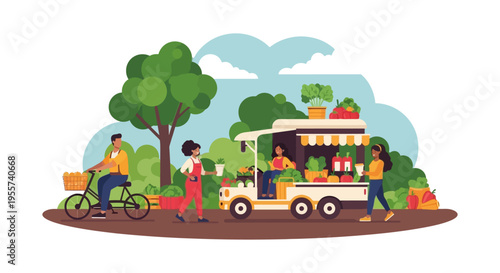 Local Farmers Market Truck Selling Fresh Produce. People Buying Organic Vegetables and Fruits in a Park. Flat Vector Illustration.