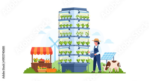 Sustainable Vertical Farming: Urban Agriculture Tower with Farmer, Solar Power, Wind Turbine, and Local Produce Market