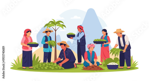 Traditional Farmers Group Working and Harvesting Crops. Rural Agriculture Teamwork, Sustainable Farming, and Community Labor Vector Illustration.