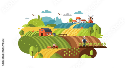 Vibrant Flat Design Farm Landscape Vector Illustration. Agriculture Scene with Farmer, Tractor, Barn, and Rolling Green Fields.