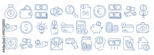 Minimalist  vector set of financial doodle icons. Blue line sketch with money, banking, investment, savings elements. Hand drawn illustration for business presentations and economic design