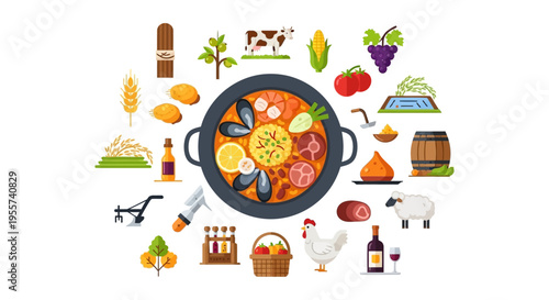 Spanish Paella and Mediterranean Food Ingredients Collection. Flat Design Vector Illustration of Farm-to-Table Agriculture and Local Cuisine.