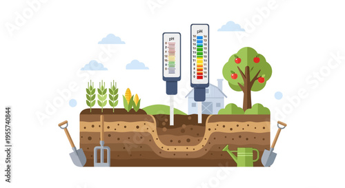 Soil pH Testing Meters in Agricultural Land: Flat Vector Illustration of Layered Ground, Corn, Wheat, and Apple Tree for Agronomy and Farming Concept.