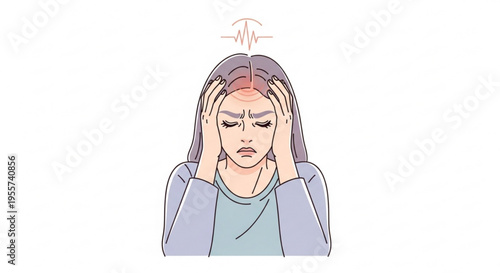 A vector graphic illustration of a stressed woman with a headache and a worried expression