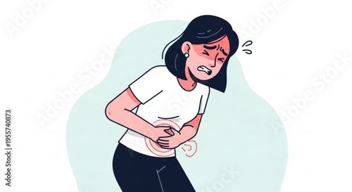 A cartoon woman clutching her stomach in pain, illustrating a common health issue.