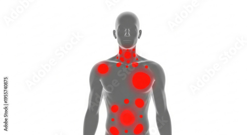 A vector graphic illustration of a human body with red spots indicating pain or inflammation
