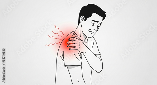 A man experiencing shoulder pain and discomfort in a medical illustration