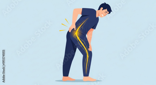 A man experiencing back pain, illustrated in a vector graphic with a simple and modern design