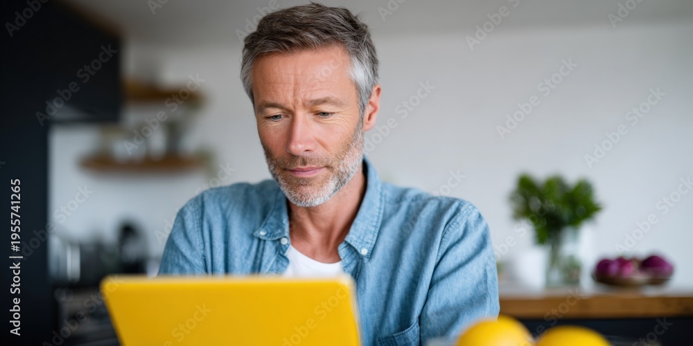 Fototapeta premium Caucasian male mature man tablet at home kitchen reading and browsing on yellow device with casual denim shirt remote work lifestyle focused concentration
